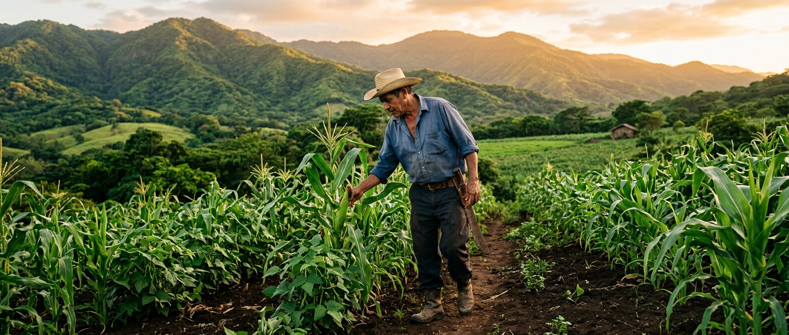 Pequeño productor nicaragüense revisando su parcela de maíz y frijol