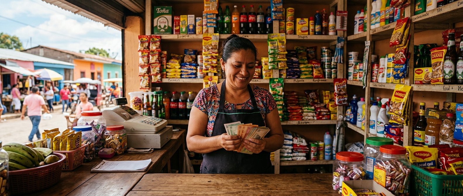 Comerciante nicaragüense atendiendo su distribuidora de productos varios