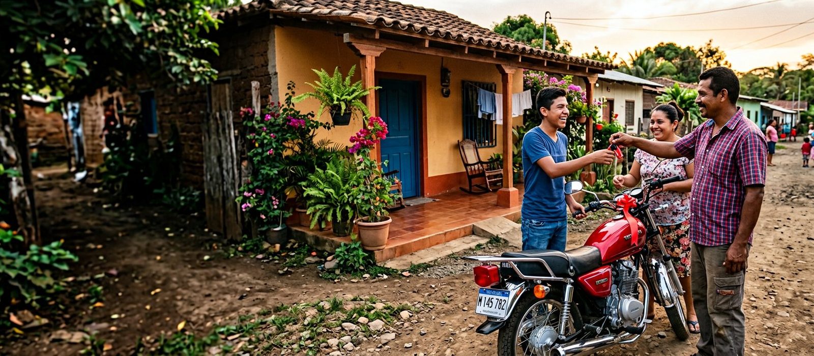 Familia nicaragüense entregando las llaves de la motocicleta nueva que compró con su crédito personal de Corporación Prodesa