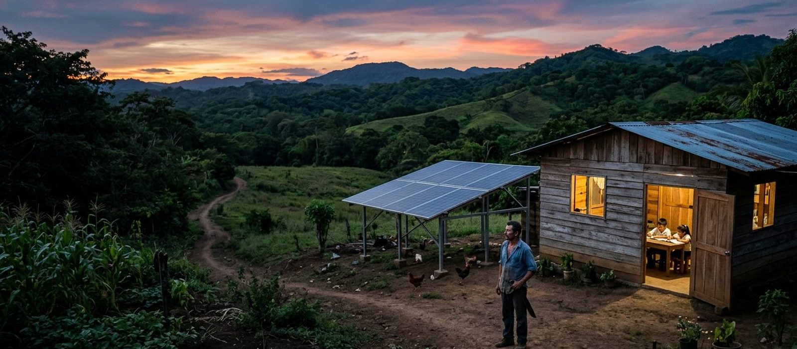 Vivienda rural nicaragüense iluminada con paneles solares financiados por Corporación Prodesa, con niños estudiando de noche