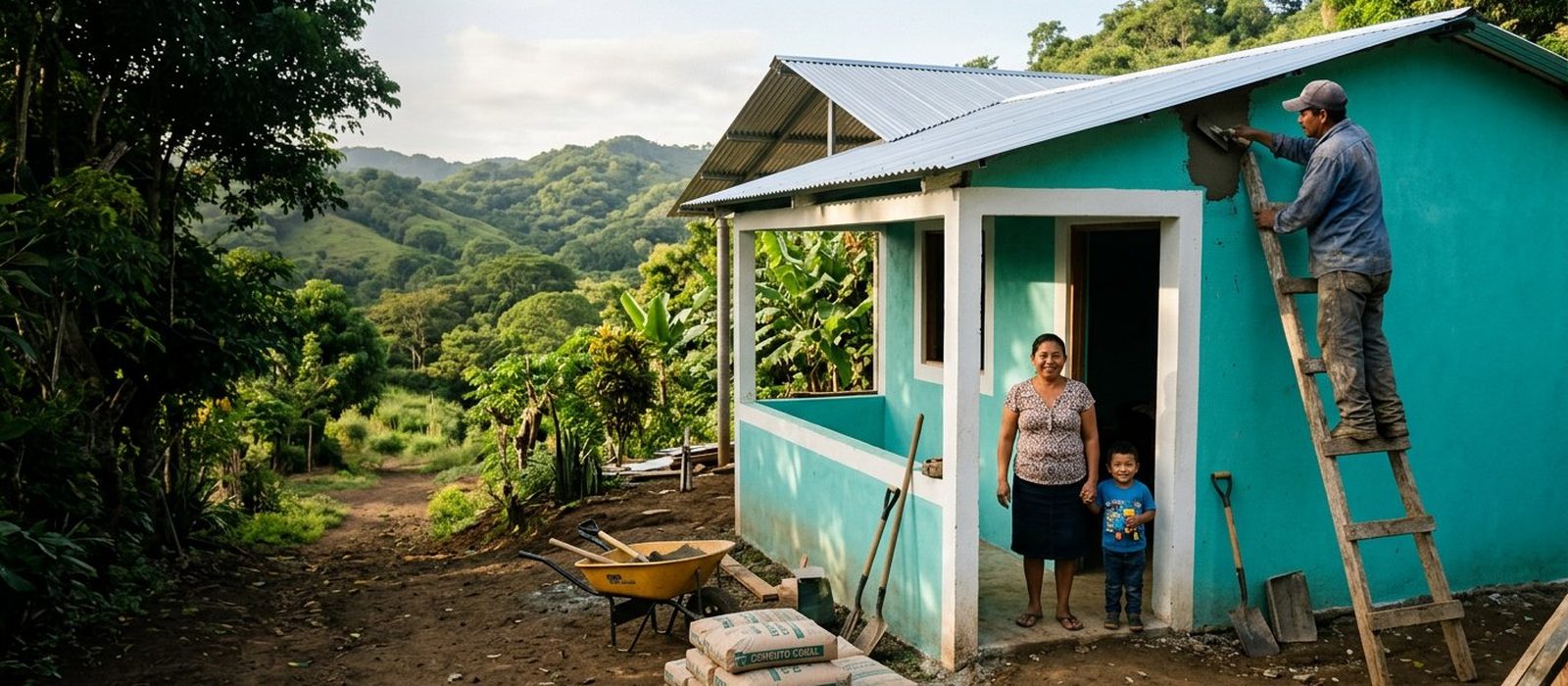 Familia nicaragüense frente a su casa rural mientras un albañil termina la mejora financiada con el crédito de vivienda de Corporación Prodesa
