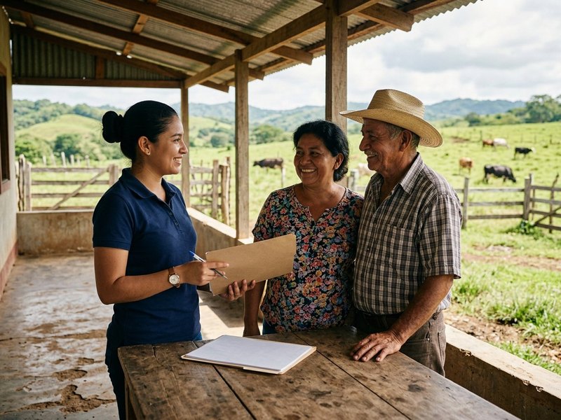 Asesora de crédito de Corporación Prodesa conversando con una pareja de pequeños productores en el corredor de su finca en Chontales