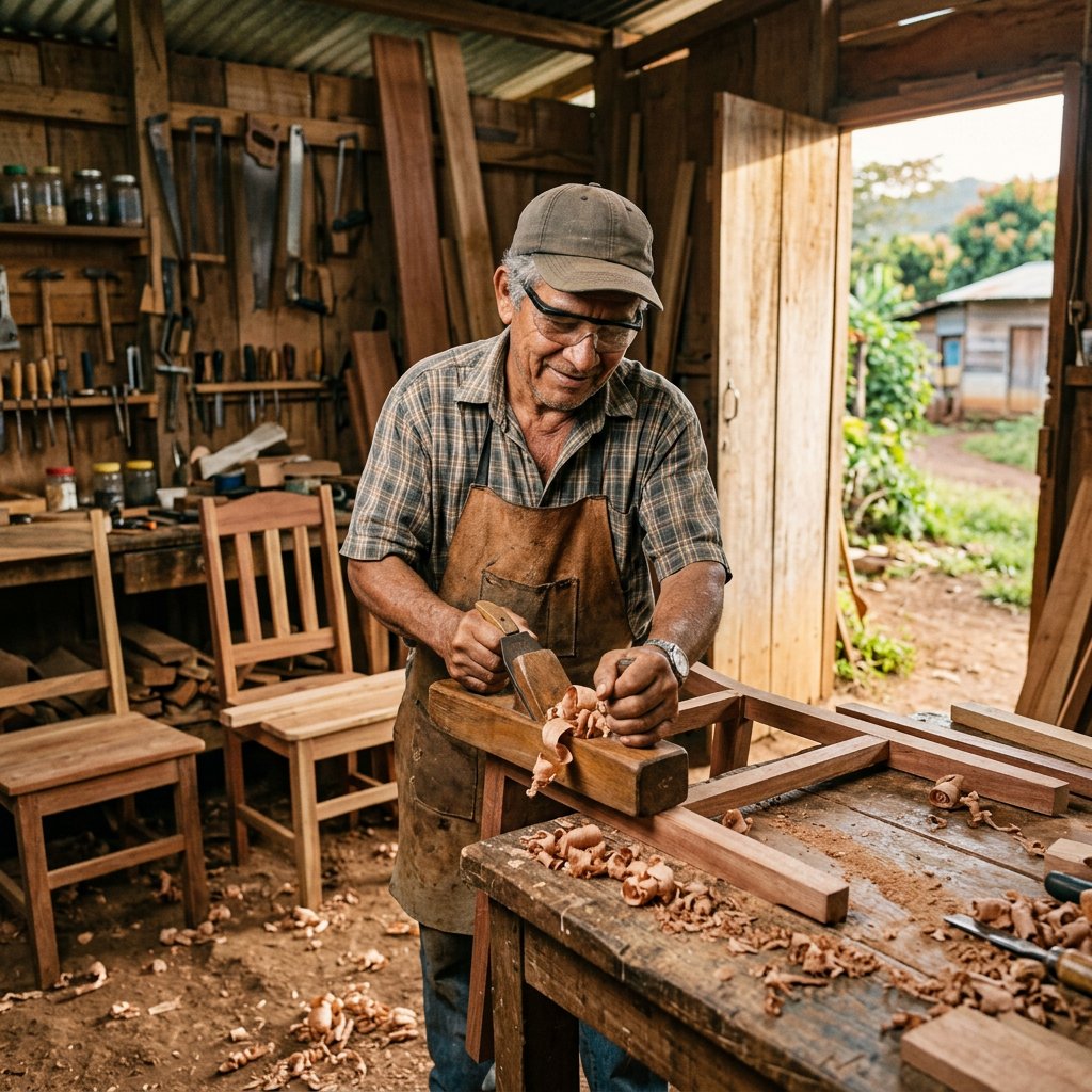 Carpintero nicaragüense trabajando en su taller familiar