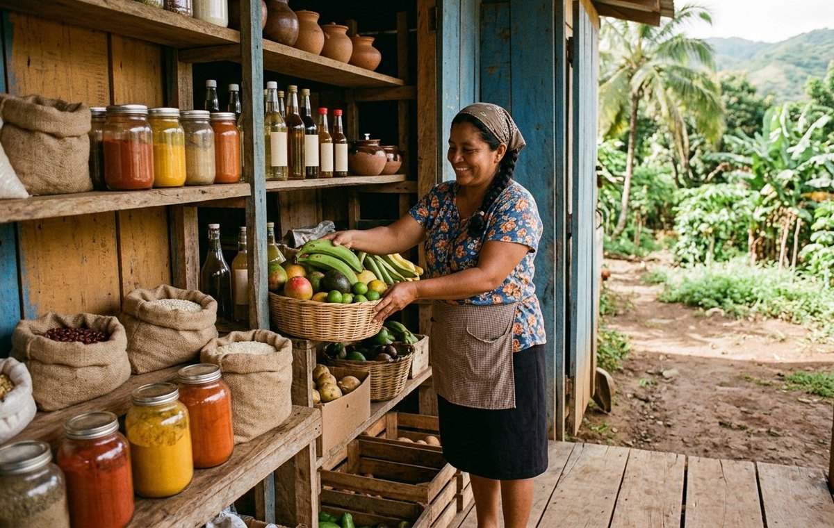 Comerciante rural nicaragüense atendiendo su pulpería, apoyada con microcrédito