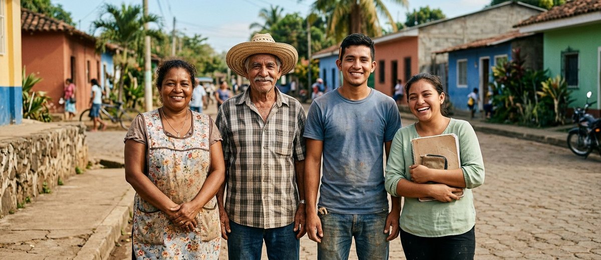 Grupo de clientes de Corporación Prodesa —comerciante, ganadero, carpintero y joven emprendedora— en la calle de su pueblo en Chontales