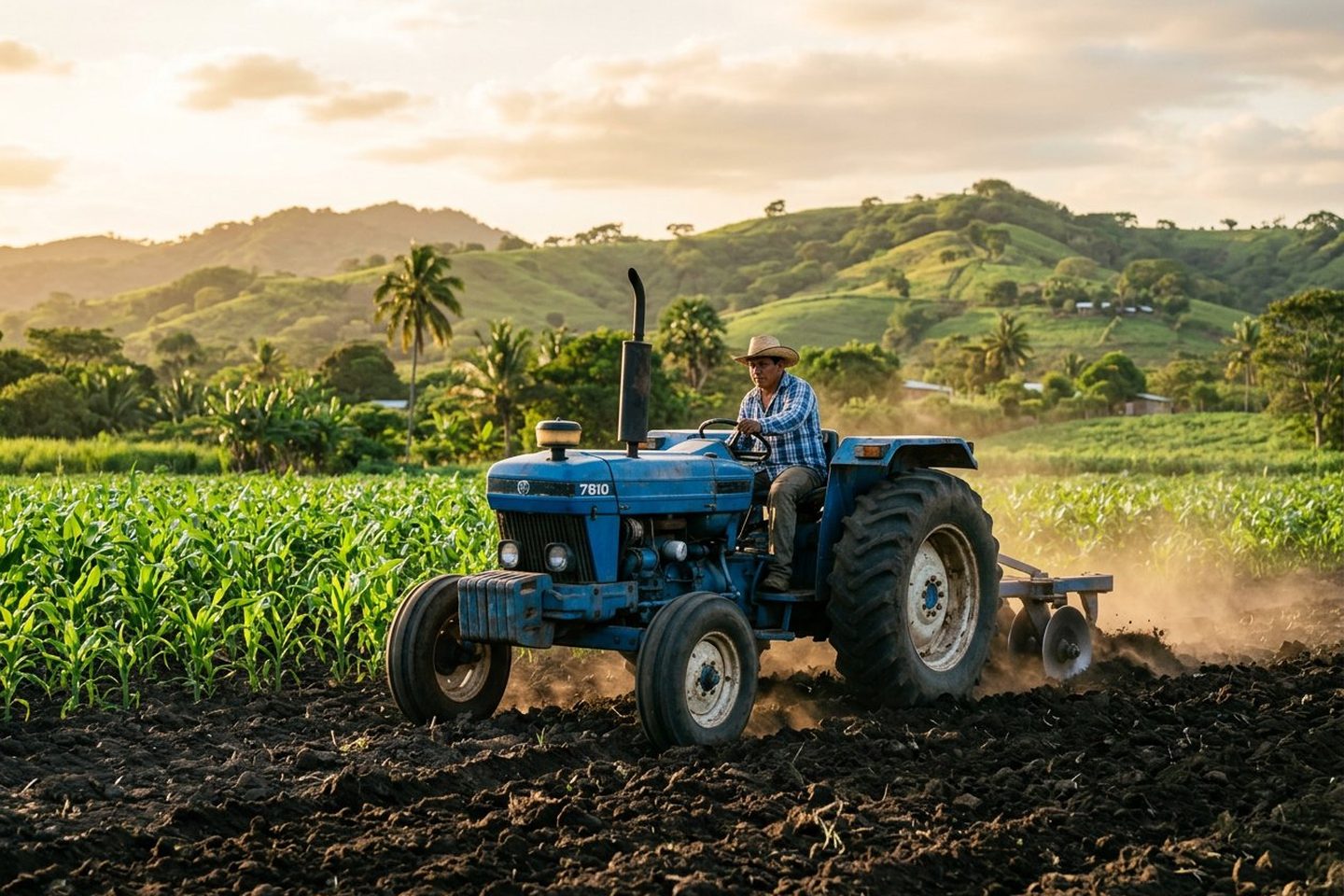 Agricultor arando con tractor un campo de maíz en Nicaragua, con los cerros verdes al fondo