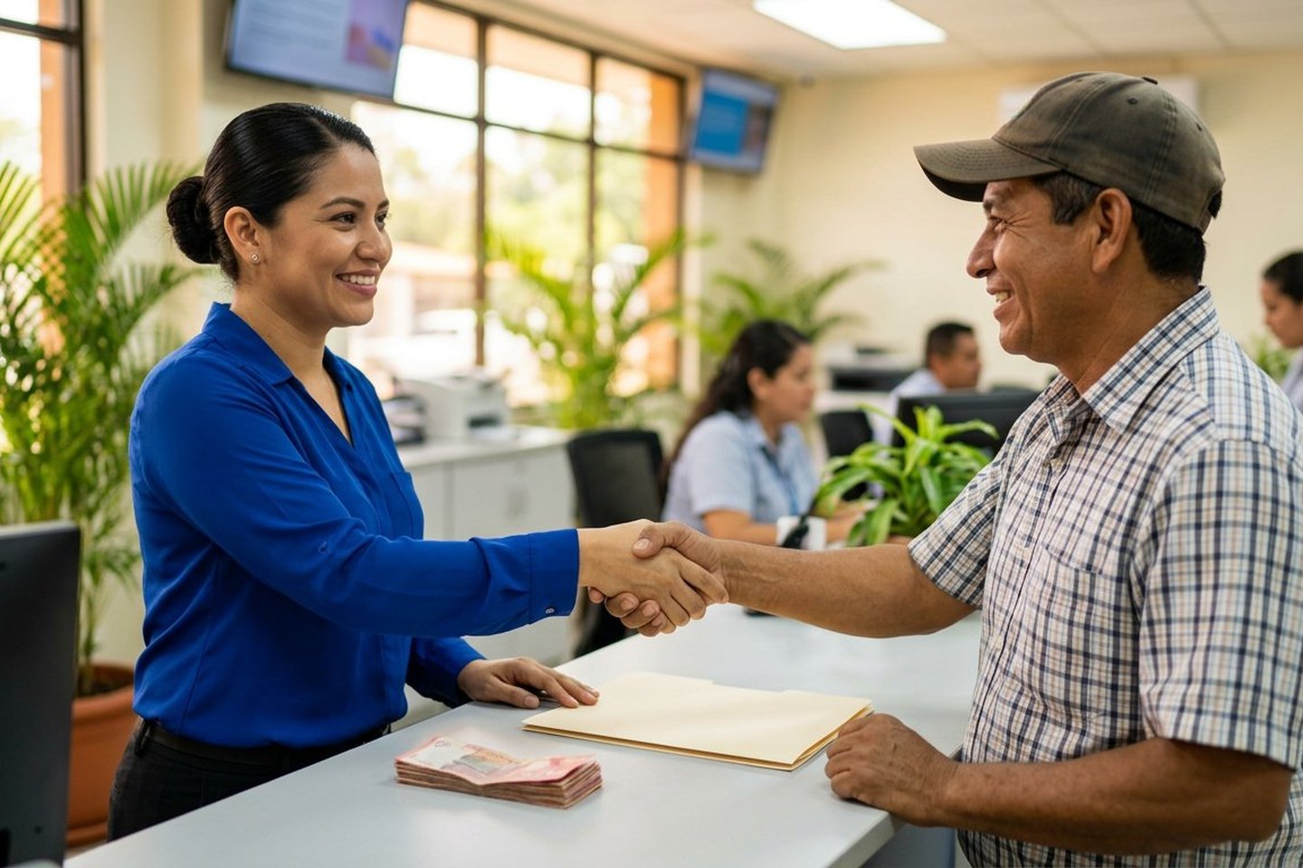 Ejecutiva de crédito de Prodesa saluda de mano a un cliente recurrente en la sucursal, con el desembolso en efectivo y su expediente ya listos sobre el mostrador