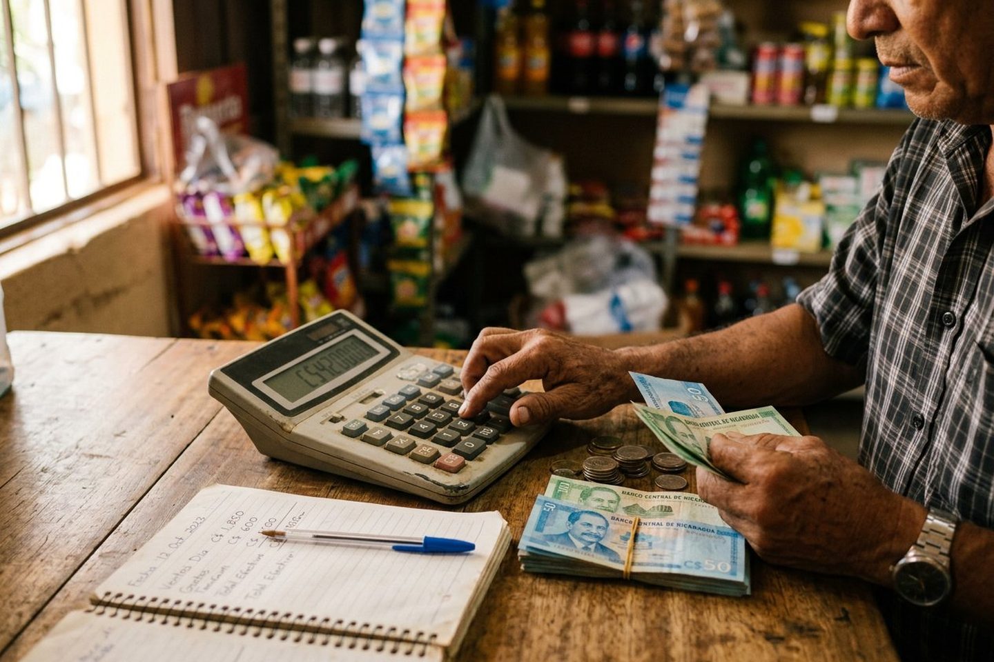 Comerciante nicaragüense contando billetes de córdobas con una calculadora y su cuaderno de cuentas en el mostrador de su pulpería