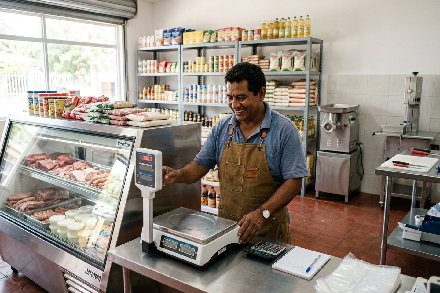 Pequeño empresario junto a la vitrina refrigerada, la balanza y la estantería nuevas de su negocio