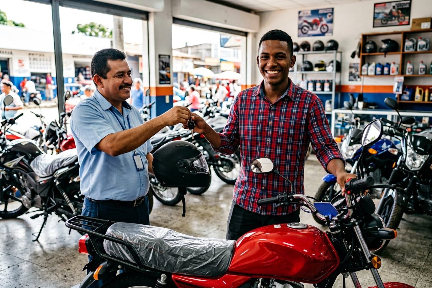 Joven cliente recibiendo las llaves y el casco de la motocicleta nueva que compró en una tienda de motos