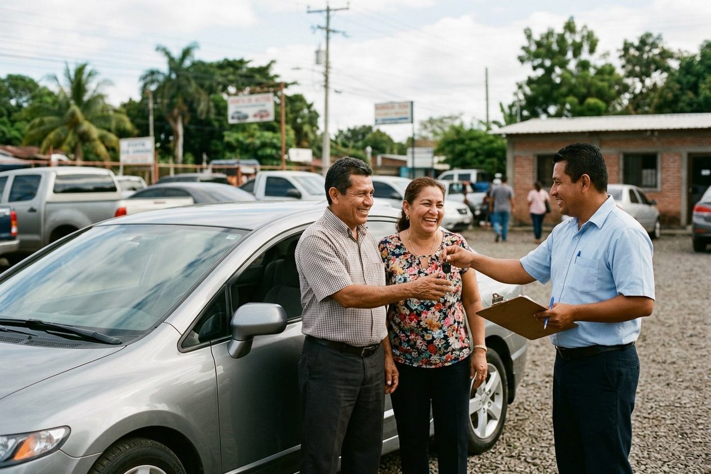 Pareja nicaragüense recibiendo las llaves del vehículo que acaba de comprar en un patio de venta de autos