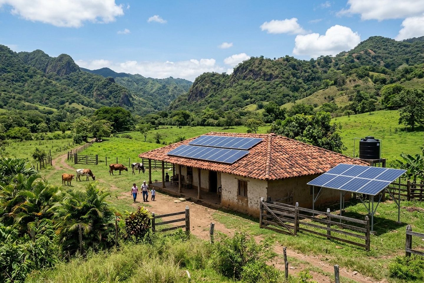 Rancho rural nicaragüense con paneles solares instalados en el techo de tejas y un arreglo fotovoltaico en el patio, con ganado pastando y cerros al fondo