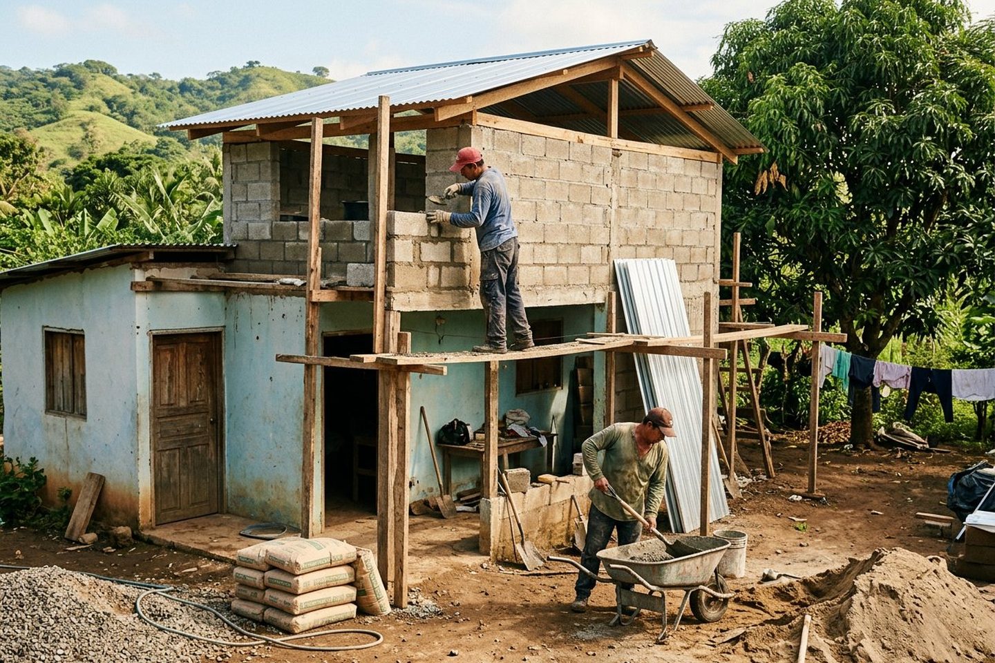 Albañiles levantando la segunda planta de una casa familiar nicaragüense, con andamio de madera, bloques de concreto y láminas de zinc nuevas