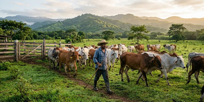 Ganadero de Chontales conduciendo su hato de ganado en los potreros de la finca al amanecer
