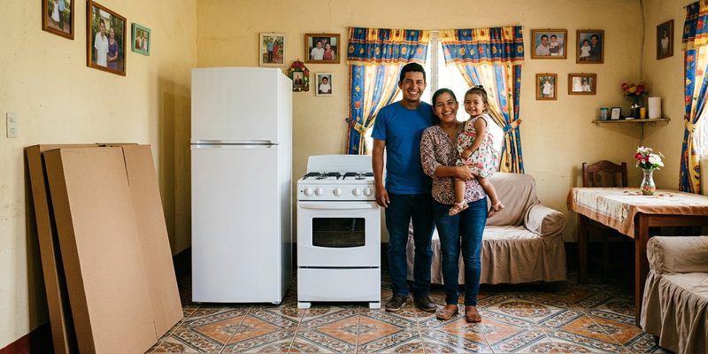 Pareja nicaragüense con su hija junto a los electrodomésticos nuevos que compró con su crédito personal