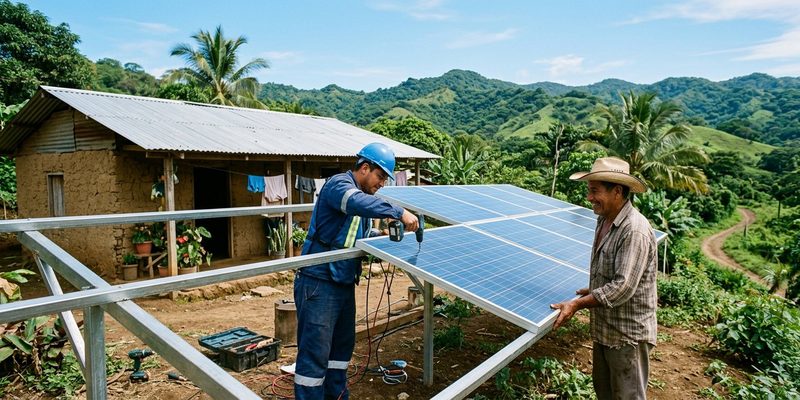Técnico instalando paneles solares junto a la casa de un productor en una comunidad rural de Nicaragua