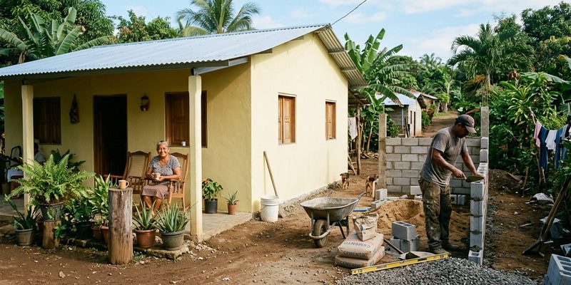 Casa familiar nicaragüense mejorada con techo nuevo mientras un albañil levanta la ampliación de un cuarto